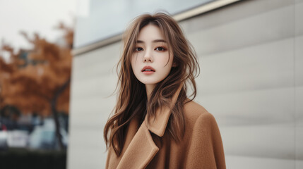 beautiful asian girl woman fashion model, minimalistic, autumn