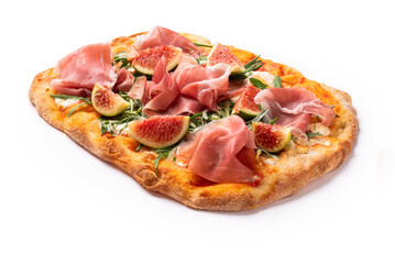 Deliziosa pinsa romana condita con prosciutto crudo e fichi freschi, cibo italiano 
