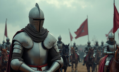 Naklejka premium portrait view of full armor knight in medieval era history, generative AI