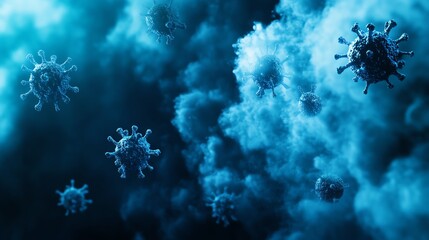 A swarm of airborne germs floating in a cloud of mist, representing contagion and disease transmission