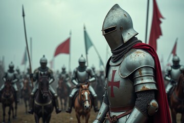 Fototapeta premium portrait view of full armor knight in medieval era history, generative AI