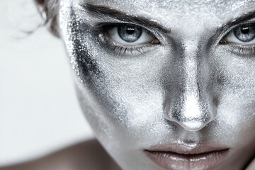 Close-Up Portrait with Silver Metallic Face Paint