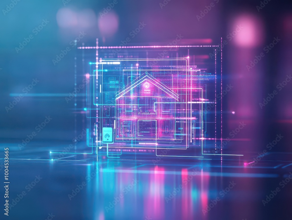 Poster holographic home assistant, seamless integration, futuristic abstract home scene