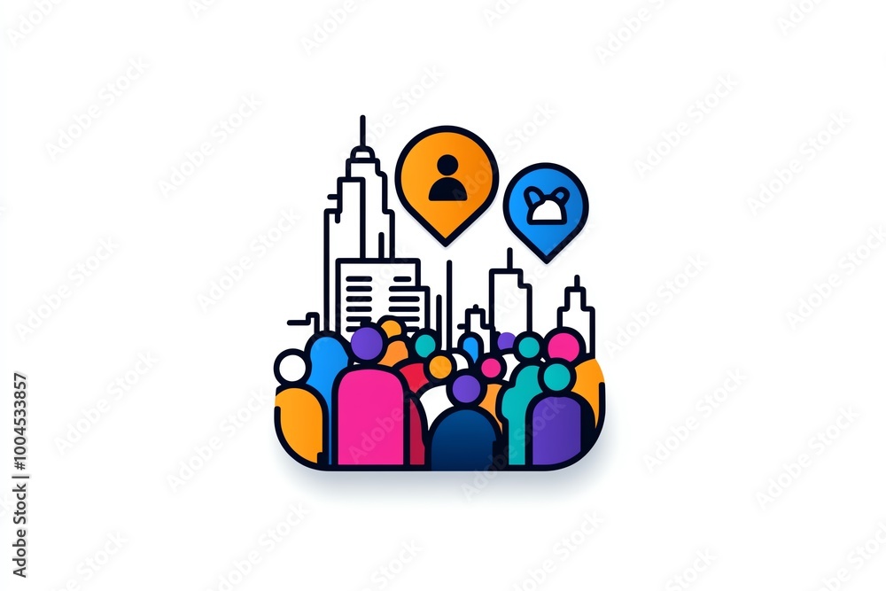 Poster minimalist crowd icon on a busy urban street, using simple geometric shapes to represent people in a