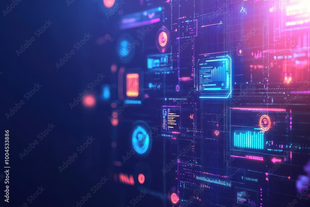Aufkleber Holographic interface with rotating tech icons and floating data screens, dark blue and purple backdrop, hightech atmosphere, style