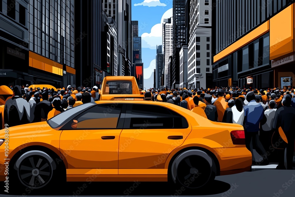 Poster minimalist crowd icon on a busy urban street, using simple geometric shapes to represent people in a