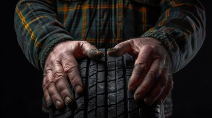 closeup of hands holding a tire