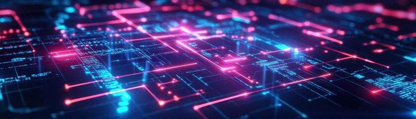 Fototapeta premium Holographic map, futuristic digital interface, glowing neon lines