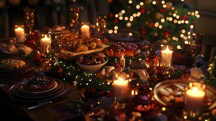 A 3D Christmas table filled with festive food candles and decorations