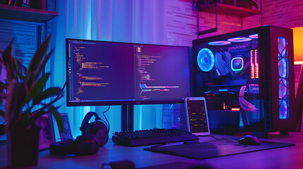 Modern Gaming and Coding Workspace - Dual Screen Setup with RGB Lighting