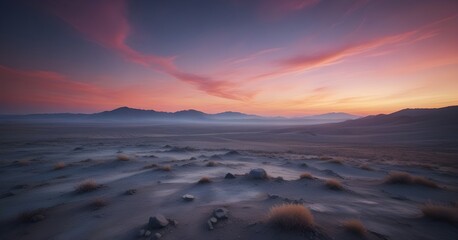Obraz premium Dry desert with a colorful sunset sky in the background, with a blurred and dreamy effect