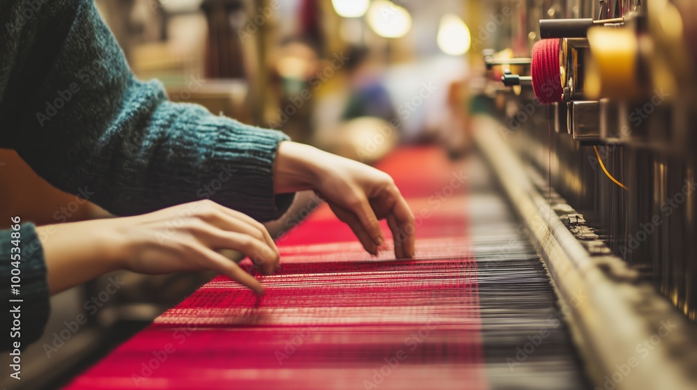 Aufkleber weaver carefully adjusting red threads on a loom in a textile workshop during a busy afternoon