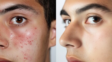 Obraz premium Before and after acne treatment collage portrait of the face of young man 