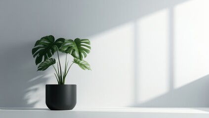 Monstera in a black pot on a white background, 3D rendering, with empty space for text Minimalist interior design of a modern home office room with a green potted plant Banner with copy Generative AI