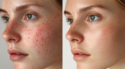 Obraz premium Before and after images of the skin on a womans face,Dramatic Before-and-After Acne Treatment Results 