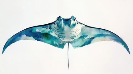 Watercolor illustration of a majestic manta ray gliding gracefully through the ocean deep, showcasing its elegance and beauty