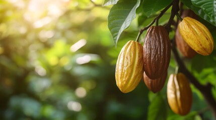 Cacao fruit on tree with natural bokeh background.