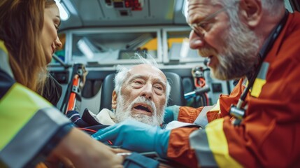 Fototapeta premium A man is being helped by two people, one of whom is wearing a red jacket