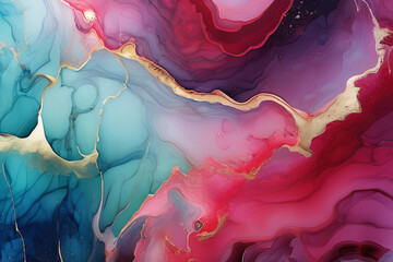 Luxurious abstract fluid art painting in alcohol ink technique,with colorful mix of paints. Imitation marble stone cut, luminous gold veins. Soft and dreamy design.