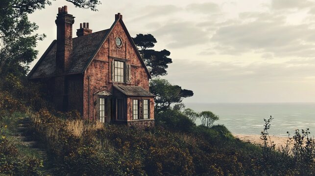 Fototapeta A house on a hill overlooking the ocean
