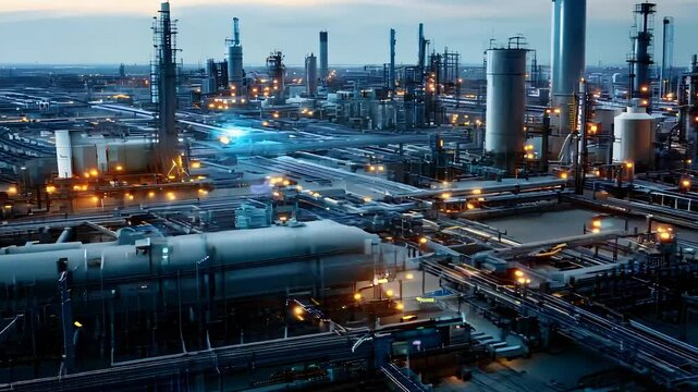 Industrial Refinery with Towers and Pipelines at Dusk

