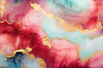 Luxurious abstract fluid art painting in alcohol ink technique,with colorful mix of paints. Imitation marble stone cut, luminous gold veins. Soft and dreamy design.