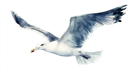 Obraz premium A seagull in mid-flight gliding gracefully against a light backdrop, showcasing its wings and natural elegance