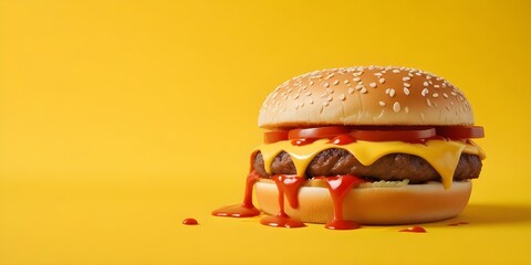 A hamburger with ketchup and mustard on a yellow background