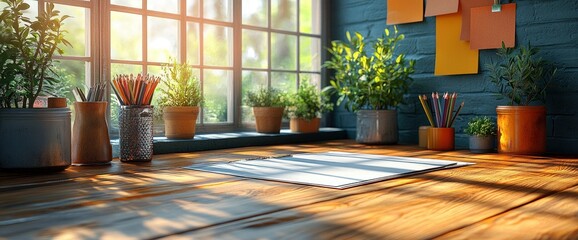 Wooden Desk with Blank Paper and Natural Light