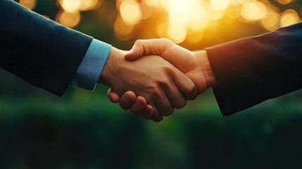 A close-up of two business professionals shaking hands outdoors at sunset, symbolizing agreement and partnership.