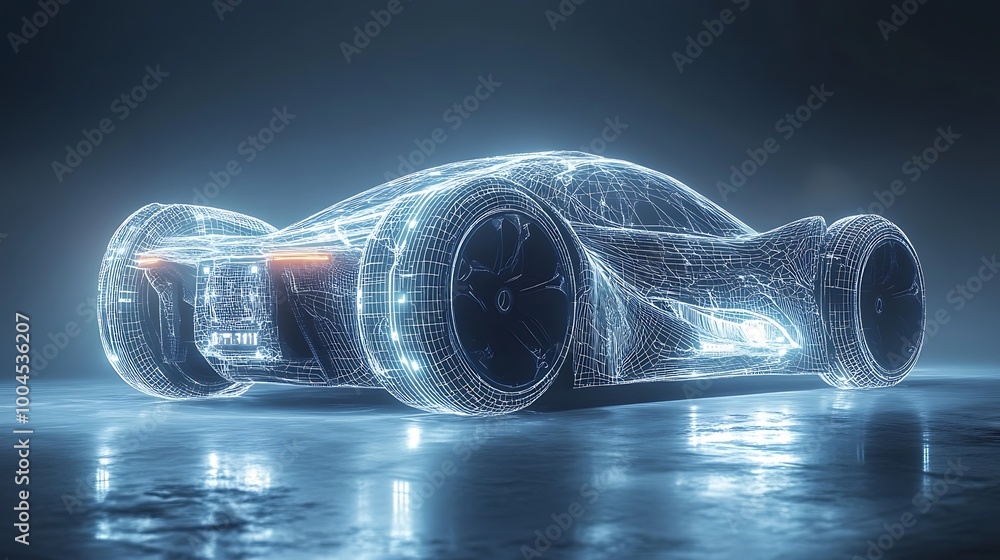 Poster a digital wireframe model presenting architectural and design blueprints in a detailed 3d format.