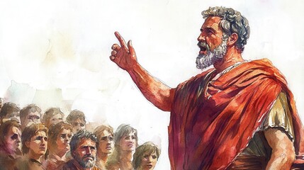 A historical figure passionately addressing a crowd in ancient attire, likely during a philosophical discussion in a classical setting
