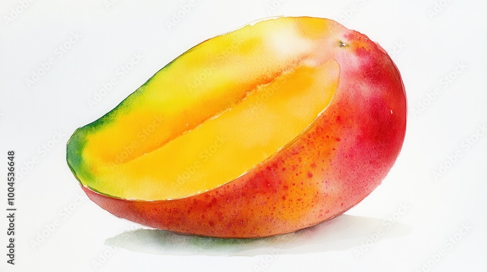 Poster A ripe mango cut in half displaying its vibrant yellow flesh and smooth skin, set against a simple white background