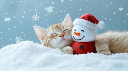 Cute sleeping kitten with snowman toy on snow background, winter cheer.