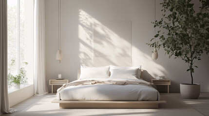 A serene, minimalist bedroom featuring a platform bed with linen bedding, simple nightstands, and a plant by the window. Natural textures and soft tones dominate the space