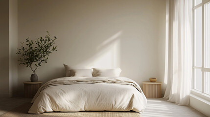 A serene, minimalist bedroom featuring a platform bed with linen bedding, simple nightstands, and a plant by the window. Natural textures and soft tones dominate the space
