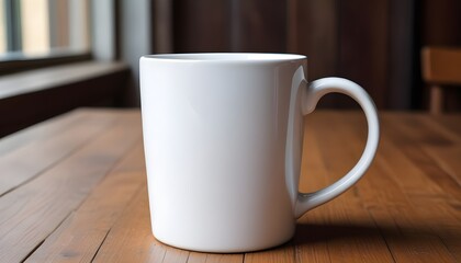 A white ceramic mug mock up on a wooden table 