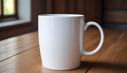 Fototapeta premium A white ceramic mug mock up on a wooden table 