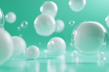 Smooth 3D render of spheres in salted caramel color, floating in a clean, minimalist space with a mint green background