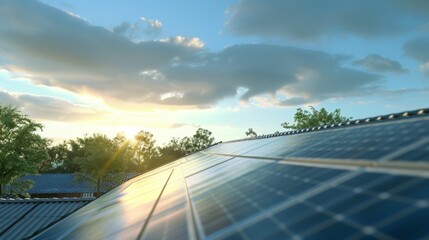 Fototapeta premium Solar panel farm on a blue sky roof harnessing photovoltaic energy for sustainable power solutions