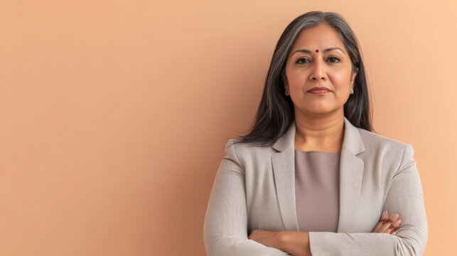 Portrait of middle age Indian businesswoman in suit against neutral background