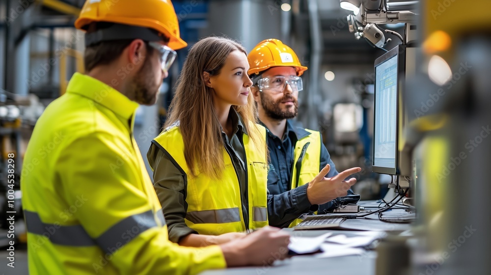 Poster team of engineers discussing project data in an industrial facility while reviewing digital displays