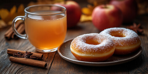 Cup of apple juice with donuts on wooden table, fall background. Apple cæœˆä¸‹cicles and apples in the backgroun d 