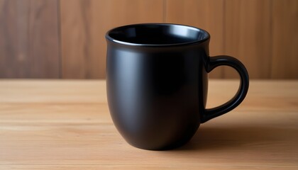 A black ceramic mug mock up on a wooden table 