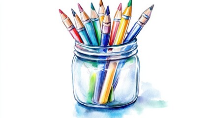 Colorful drawing tools in a glass jar on a white background showcasing art supplies for creative projects