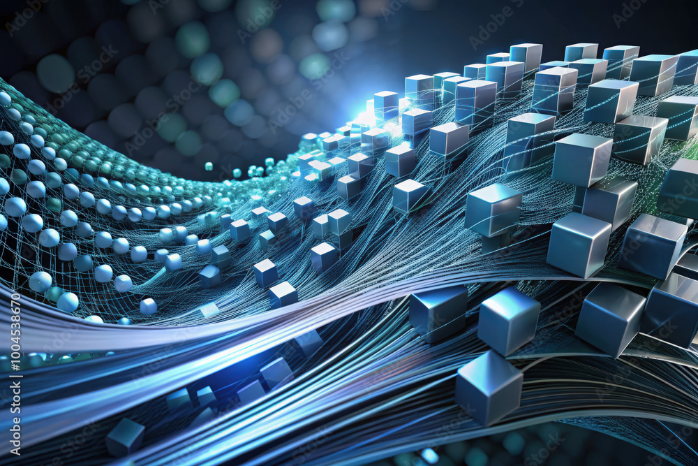 Poster dynamic waves of technology featuring geometric cubes and flowing lines, illustrating digital innova