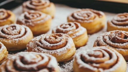 Fototapeta premium Close-up of Freshly Baked Cinnamon Rolls with Powdered Sugar