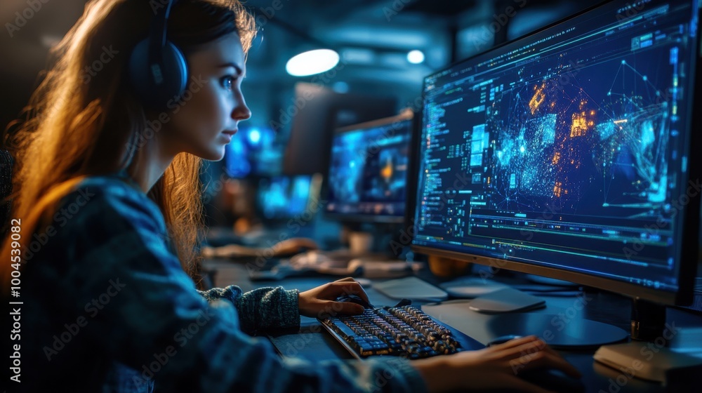 Aufkleber focused woman working on computer programming in a dimly lit tech environment surrounded by multiple