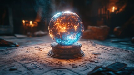 A glowing crystal ball on a dusty table covered in magical runes and symbols.