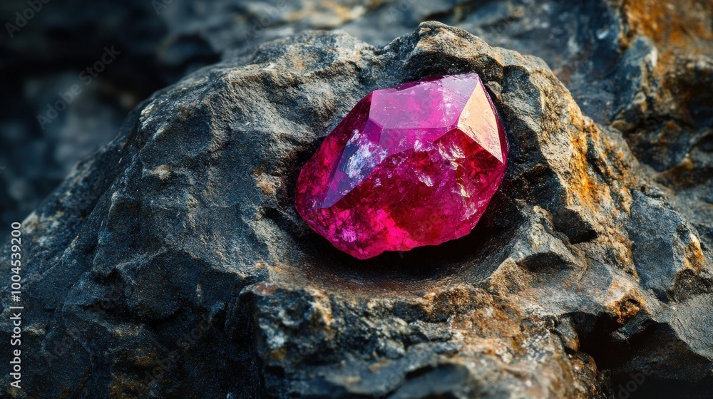 Poster this striking ruby is nestled within rough rock, displaying its radiant deep red color and natural c